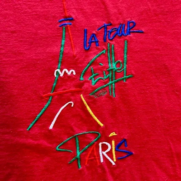 Vintage 90s Paris Eiffel Tower Red France Embroidered 100% Cotton T Shirt Large - Picture 2 of 7